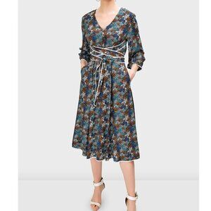 eShakti Blue Floral Dress with Contrast Tie Around Belt Size 1X / 18W Pockets